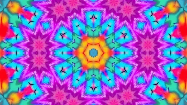 Kaleidoscope patterns rotate abstract background with colorful flowers