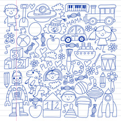 Kindergarten preschool school children. Kids drawing style vector pattern. Play grow learn together.