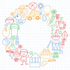 Kindergarten preschool school children. Kids drawing style vector pattern. Play grow learn together.