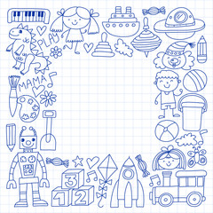 Kindergarten preschool school children. Kids drawing style vector pattern. Play grow learn together.