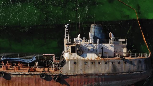 Aerial drone close up view at shipwreck of Delfi in Black sea near Odessa, Ukraine, 4K