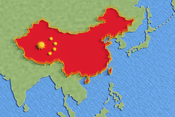 Partial map of the world showing republic of china isolated from the rest of the world by a fence or jail because of the coronavirus that is represented as china flag, concept 3d illustration