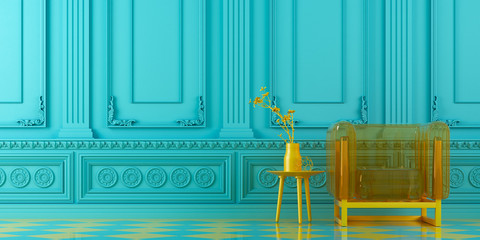 vibrant turquoise blue interior design background with yellow modern transparent armchair and cofee table with decoration on a molding classic wall, 3d render