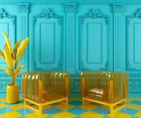 vibrant turquoise blue interior design background with yellow modern transparent armchairs and plant on a molding classic wall, 3d render