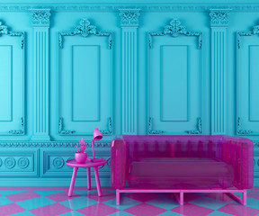 vibrant turquoise blue interior design background with pink modern transparent couch and cofee table with decoration on a molding classic wall, 3d render