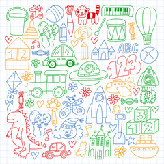 Vector pattern with children toys. Robot, rocket, horse, doll