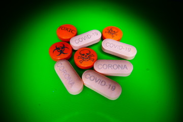  CORONA COVID19 virus caption on pill cure medicine