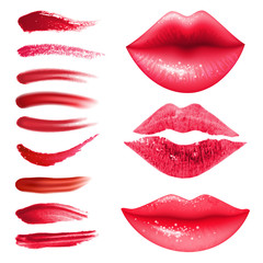 Realistic lipstic smears and lips vector set