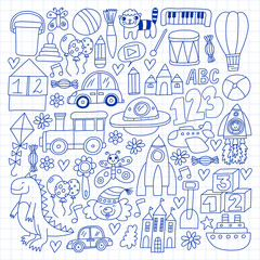 Fototapeta premium Vector pattern with children toys. Robot, rocket, horse, doll