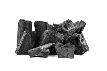 Natural wooden charcoal or traditional hard wood charcoal isolated on white background.