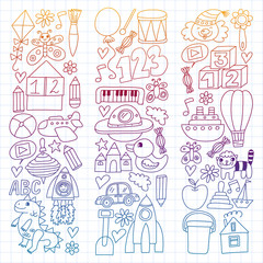Vector pattern with children toys. Robot, rocket, horse, doll