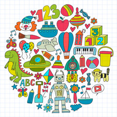 Vector pattern with children toys. Robot, rocket, horse, doll