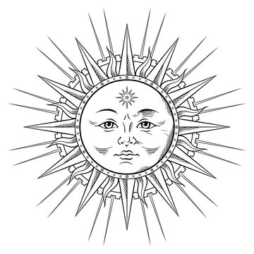 Line art sun in antique stule hand drawn vector illustration boho chic tattoo, poster or fabric print design