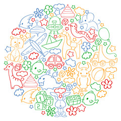 Fototapeta premium Vector pattern with children toys. Kindergarten elements in doodle style for little kids. Education, play, grow