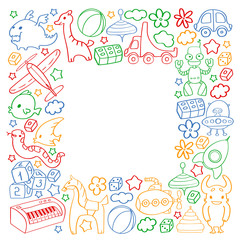 Vector pattern with children toys. Kindergarten elements in doodle style for little kids. Education, play, grow