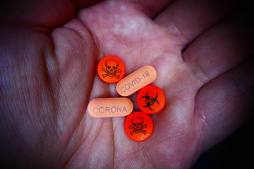  CORONA COVID19 virus caption on pill cure medicine