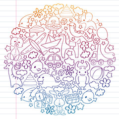 Vector pattern with children toys. Kindergarten elements in doodle style for little kids. Education, play, grow