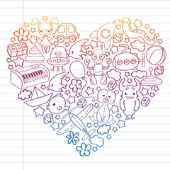 Vector pattern with children toys. Kindergarten elements in doodle style for little kids. Education, play, grow