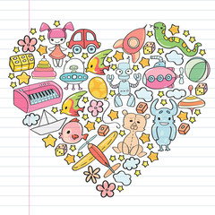 Vector pattern with children toys. Kindergarten elements in doodle style for little kids. Education, play, grow
