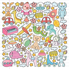 Vector pattern with children toys. Kindergarten elements in doodle style for little kids. Education, play, grow