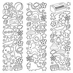 Vector pattern with children toys. Kindergarten elements in doodle style for little kids. Education, play, grow