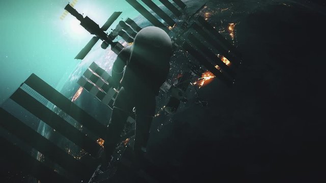 Solar panel ISS orbit Earth astronaut in cosmos. International Space Station with equipped spaceman revolve realistic planet. Bright Sun. 3d animation. 4K. Element of this media furnished by NASA