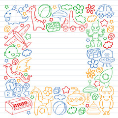 Vector pattern with children toys. Kindergarten elements in doodle style for little kids. Education, play, grow
