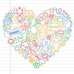 Vector pattern with children toys. Kindergarten elements in doodle style for little kids. Education, play, grow