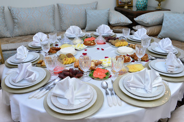 Moroccan breakfast for Ramadan. Dates, sweets and hard-boiled eggs. Breakfast is served in Ramadan after Maghrib