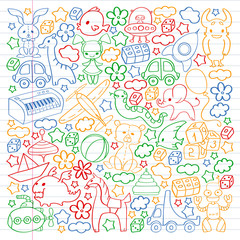 Vector pattern with children toys. Kindergarten elements in doodle style for little kids. Education, play, grow