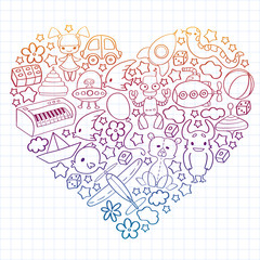 Vector pattern with children toys. Kindergarten elements in doodle style for little kids. Education, play, grow