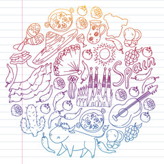 Spain vector pattern. Spanish traditional symbols and objects.