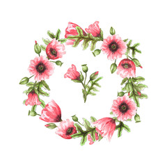 A set of watercolor illustrations depicting a round wreath with poppies and a floral arrangement. Elements are isolated on a white background. Design for printing on cards, invitations, textiles.