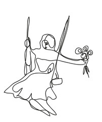 One continuous line drawing of young woman sitting on swing. Woman holding a bouquet of flower while sitting on swing.