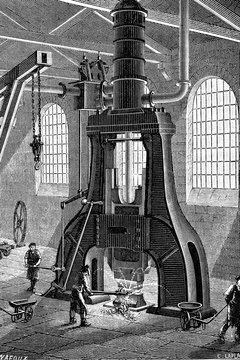 Steam hammer. Antique illustration. 1883.