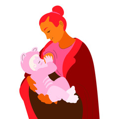 Portrait of happy smiling mother holding baby isolated on white background. Young woman carrying newborn child.Flat vector illustration.