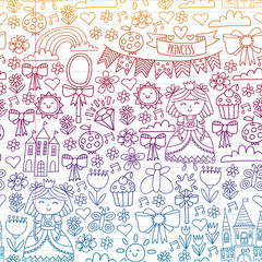 Vector pattern for little girls. Princess illustration for happy birthday party.