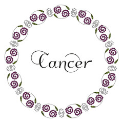 Round zodiacal emblem with the inscription in Cancer center, symbolizing the zodiac sign drawn by hand on a white background. Black, green and lilac colors. Vector.