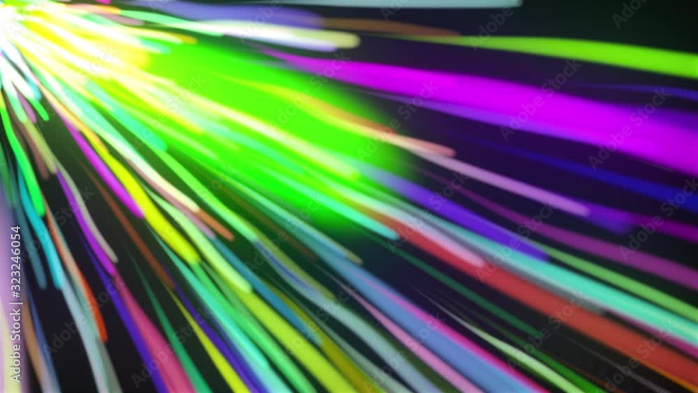 Poster multicolored bright straight and wavy rays flaring on dark background, computer generated. 3d render