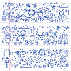 Vector pattern for little girls. Princess illustration for happy birthday party.