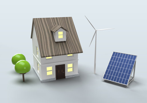 太陽光発電や風力発電の電気を使用する家のイメージ