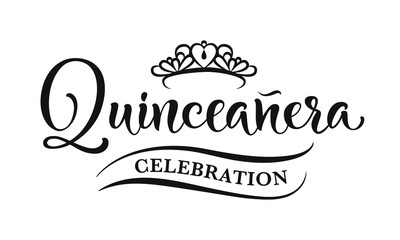 15 birthday celebration lettering for Latin America girl.  Quinceanera calligraphy. Black text isolated on white background. Vector stock illustration.