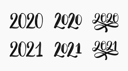 2020 and 2021 text logo set. Hand sketched numbers of new year. 2021 set of inscriptions. New year 2021 lettering set. Vector template for cards, prints, t-shirts, invitations, labels. Vector EPS 10