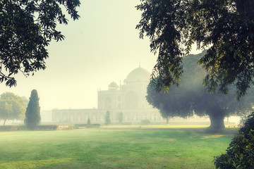 Humayun's tomb in the morning fog, New Delhi, India