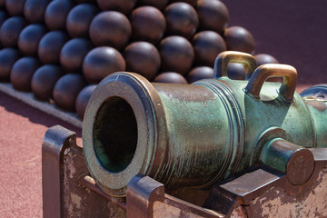 MONTE CARLO,MONACO - SEPTEMBER 12, 2017: A canon of the fortress and cannon balls