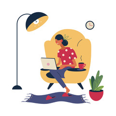 Woman in a chair with a computer and cup. Freelancer works at home. Flat cartoon style vector illustration.