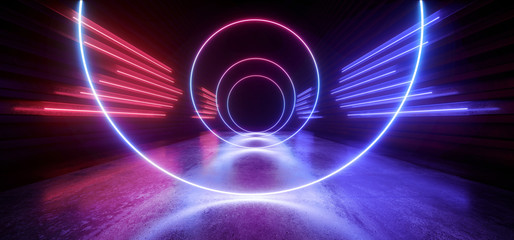 Cyber Vibrant Laser Circle Podium Purple Red Blue Neon Fluorescent Pantone Sci Fi Futuristic Hallway Warehouse Tunnel Party Club Spaceship Corridor 3D Rendering