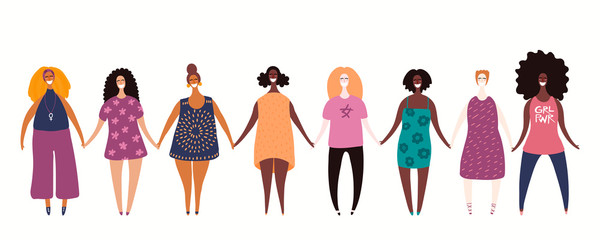 Hand drawn vector illustration of diverse modern girls together. Isolated people on white. Flat style design. Concept, element for feminism, womens day card, poster, banner. Female cartoon characters.