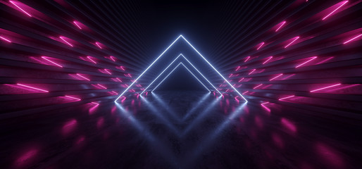Fototapeta premium Neon Sci Fi Futuristic Cyber Glowing Lights Purple Blue Triangle Pantone Reflective Tunnel Hallway Dance Catwalk Alien Spaceship Lasers Stage Dark 3D Rendering