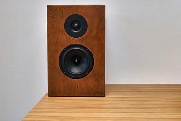 Wooden bookshelf speaker standing on a table against a white wall